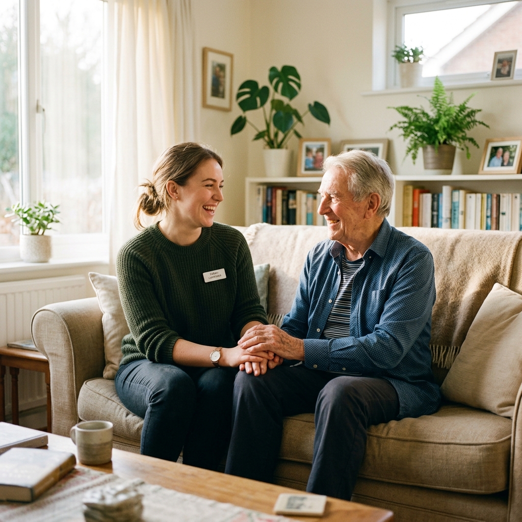 Caregiver supporting elderly person at home