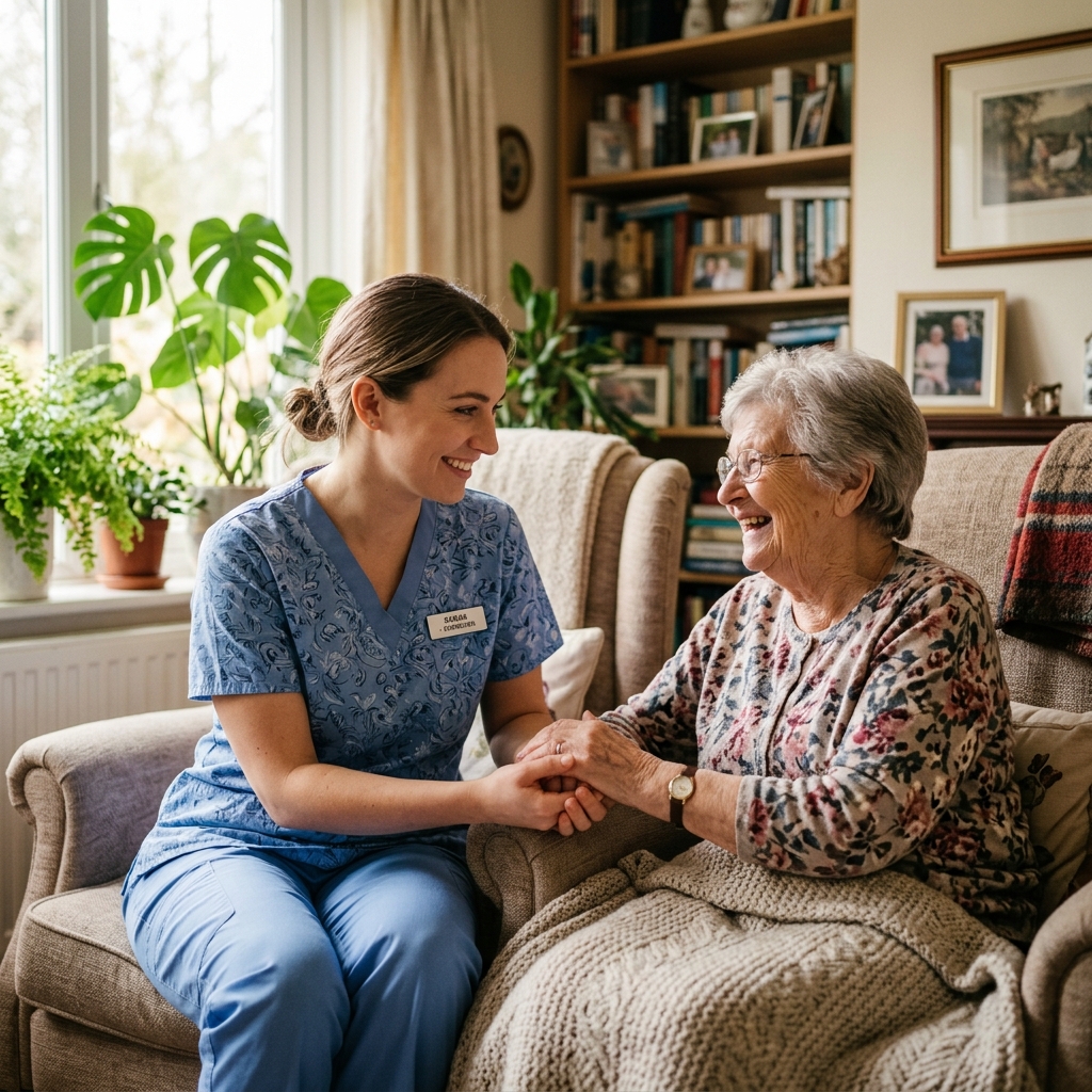Caregiver providing compassionate support to elderly person at home