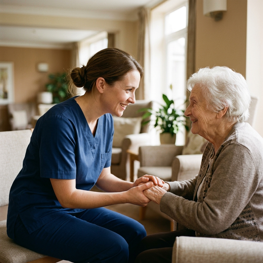 Compassionate caregiver supporting a family member with respite care at home